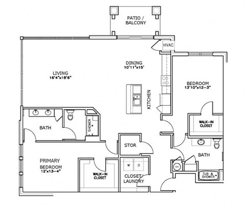 Floor plan for 2 beds, 2 baths, 1677 sqft